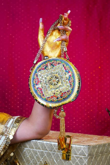 Shop Puneet Gupta Gold Embroidered Mandala Midnight Embellished Clutch at Aza Fashions Shop_Puneet Gupta_Gold Embroidered Mandala Midnight Embellished Clutch _at_Aza_Fashions