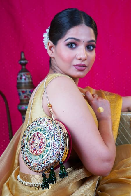 Puneet Gupta Cream Embroidery, Sequins, Tassels Ratan Roop Floral Clutch Online at Aza Fashions Puneet Gupta_Cream Embroidery, Sequins, Tassels Ratan Roop Floral Clutch _Online_at_Aza_Fashions