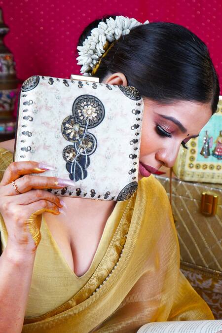 Puneet Gupta Cream Embroidered Phool Raat Floral Box Clutch Online at Aza Fashions Puneet Gupta_Cream Embroidered Phool Raat Floral Box Clutch _Online_at_Aza_Fashions