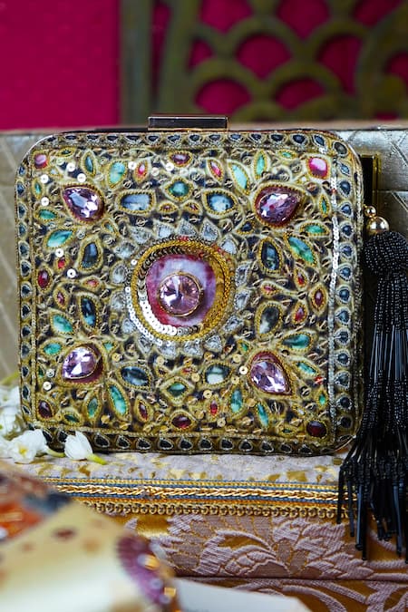 Shop Puneet Gupta Multi Color Embroidered Queens Jewel Embellished Box Clutch at Aza Fashions Shop_Puneet Gupta_Multi Color Embroidered Queens Jewel Embellished Box Clutch _at_Aza_Fashions