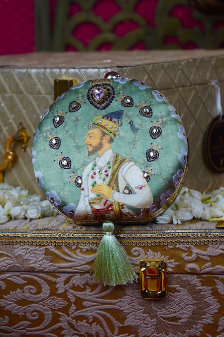 Shop Puneet Gupta Green Embroidered Round Clutch at Aza Fashions Shop_Puneet Gupta_Green Embroidered Round Clutch _at_Aza_Fashions