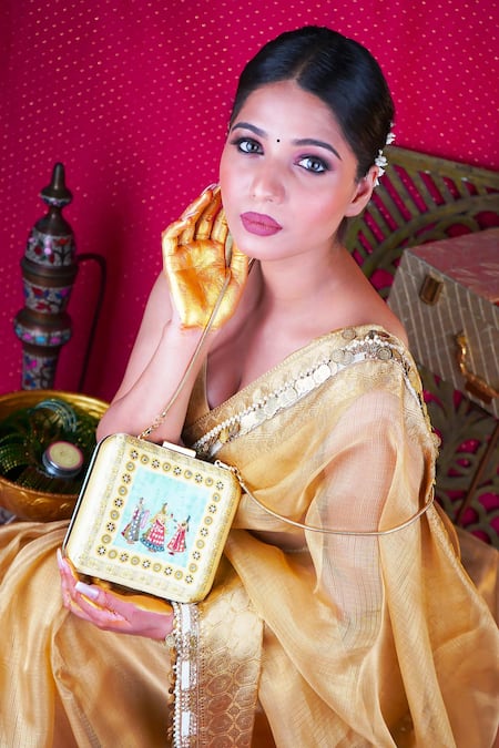 Puneet Gupta Green Embroidery Saheliya Pattern Box Clutch Online at Aza Fashions Puneet Gupta_Green Embroidery Saheliya Pattern Box Clutch _Online_at_Aza_Fashions