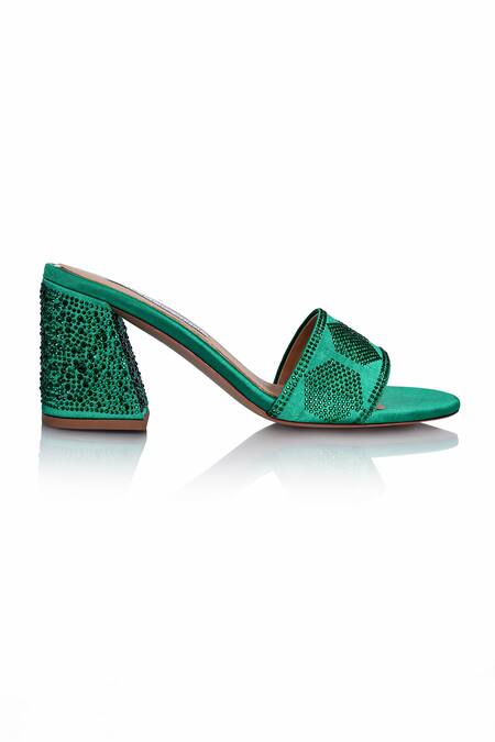 Riya Jaisinghani_Green Crystals Alaina Embellished Block Heels_Online_at_Aza_Fashions