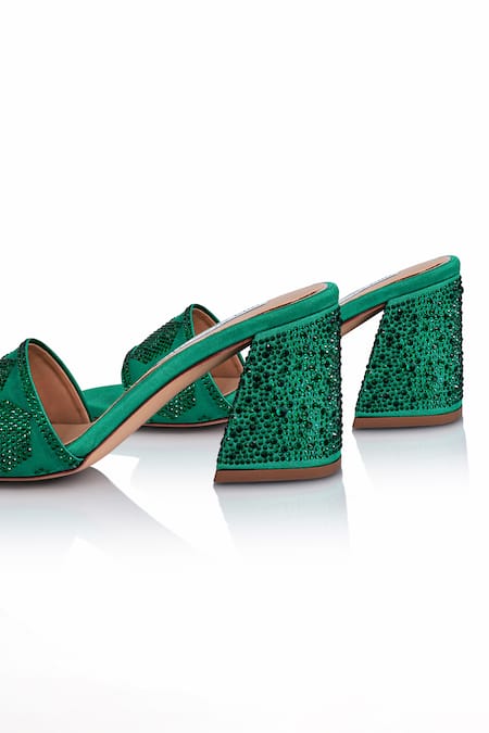 Buy_Riya Jaisinghani_Green Crystals Alaina Embellished Block Heels_Online_at_Aza_Fashions