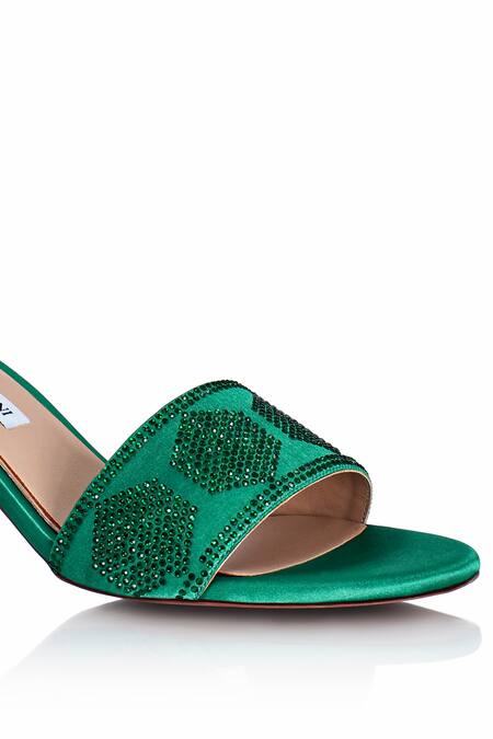 Shop_Riya Jaisinghani_Green Crystals Alaina Embellished Block Heels_Online_at_Aza_Fashions