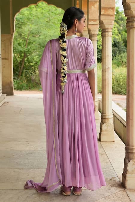 Shop_Taro_Purple Satin Embellished Dew Drops V Neck Kumudni Lace Anarkali Set _at_Aza_Fashions