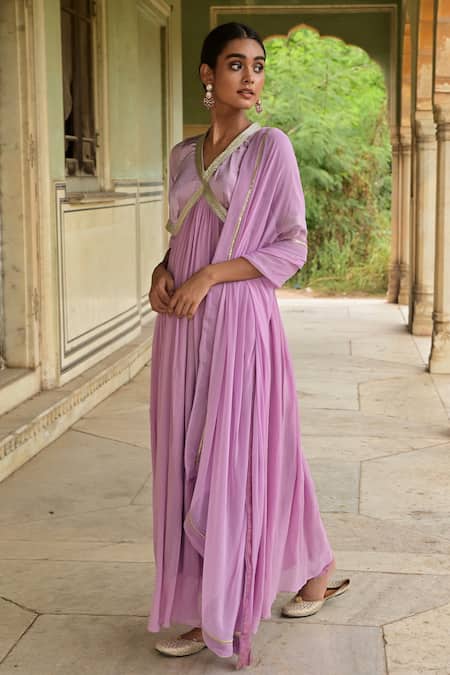 Taro_Purple Satin Embellished Dew Drops V Neck Kumudni Lace Anarkali Set _Online_at_Aza_Fashions