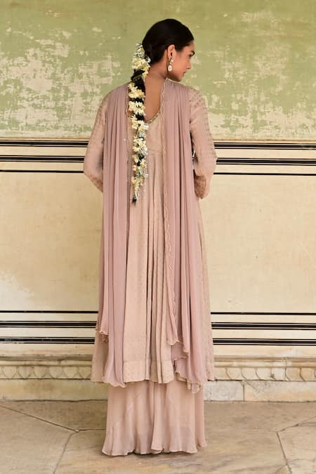 Shop_Taro_Beige Crepe Woven Plunge V Neck Gulnaar Dot A-line Kurta Set _at_Aza_Fashions
