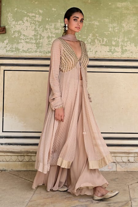 Taro_Beige Crepe Woven Plunge V Neck Gulnaar Dot A-line Kurta Set _Online_at_Aza_Fashions