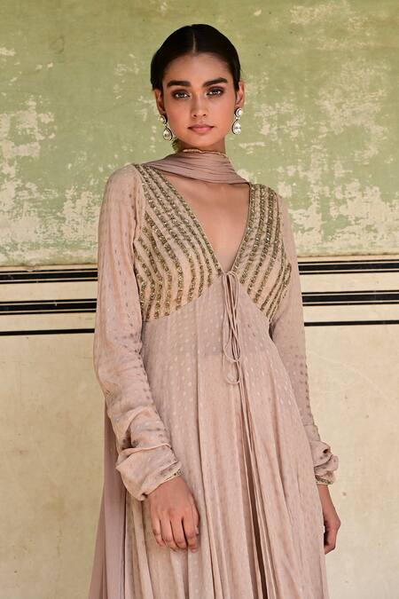 Shop_Taro_Beige Crepe Woven Plunge V Neck Gulnaar Dot A-line Kurta Set _Online_at_Aza_Fashions