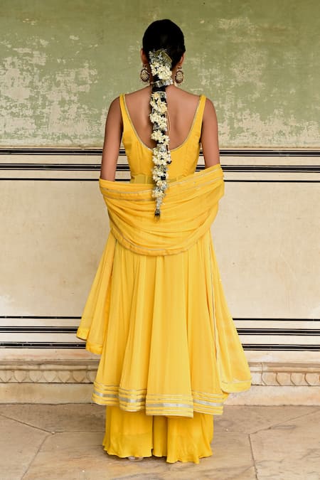 Shop_Taro_Yellow Dotted Chiffon Woven Dot Round Nargis Mukaish Embroidered Anarkali Set _at_Aza_Fashions