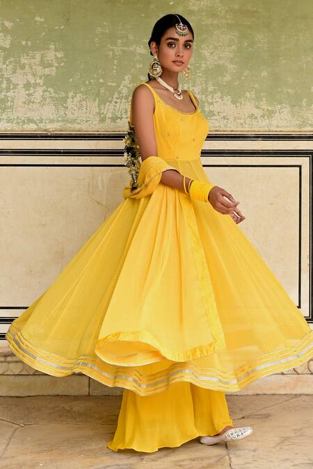 Taro_Yellow Dotted Chiffon Woven Dot Round Nargis Mukaish Embroidered Anarkali Set _Online_at_Aza_Fashions