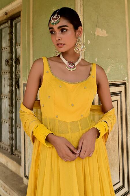Buy_Taro_Yellow Dotted Chiffon Woven Dot Round Nargis Mukaish Embroidered Anarkali Set _Online_at_Aza_Fashions