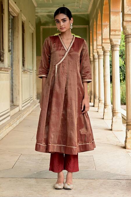 Taro_Brown Tissue Zari V-neck Lace Zardozi Angrakha And Pant Set_Online_at_Aza_Fashions