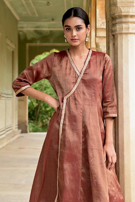 Buy_Taro_Brown Tissue Zari V-neck Lace Zardozi Angrakha And Pant Set_Online_at_Aza_Fashions