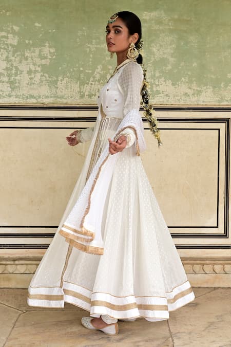Taro_White Chiffon, Cotton Zari, Cut Work Masakkali Dot Woven Angrakha Anarkali Set _Online_at_Aza_Fashions