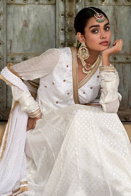 Buy_Taro_White Chiffon, Cotton Zari, Cut Work Masakkali Dot Woven Angrakha Anarkali Set _Online_at_Aza_Fashions