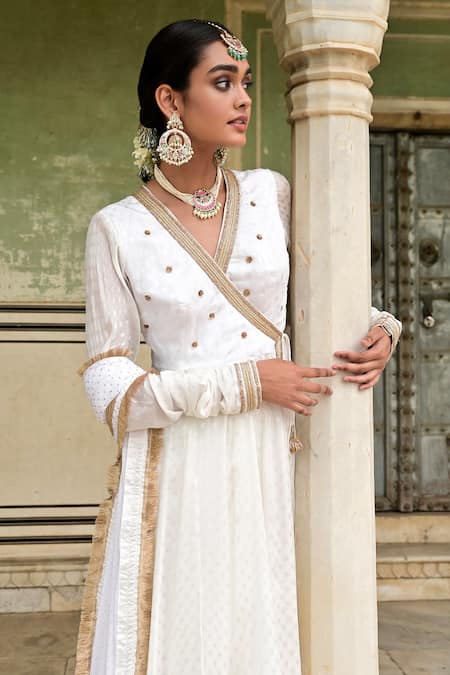 Shop_Taro_White Chiffon, Cotton Zari, Cut Work Masakkali Dot Woven Angrakha Anarkali Set _Online_at_Aza_Fashions