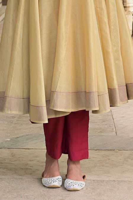 Taro Gold Tissue Zari, Sequins V-neck Zareen Neckline Embroidered Anarkali And Pant Set Online at Aza Fashions Taro_Gold Tissue Zari, Sequins V-neck Zareen Neckline Embroidered Anarkali And Pant Set_Online_at_Aza_Fashions