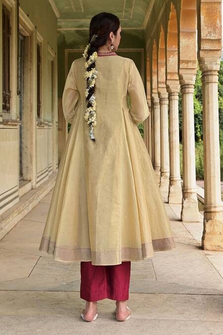 Shop Taro Gold Tissue Zari, Sequins V-neck Zareen Neckline Embroidered Anarkali And Pant Set at Aza Fashions Shop_Taro_Gold Tissue Zari, Sequins V-neck Zareen Neckline Embroidered Anarkali And Pant Set_at_Aza_Fashions