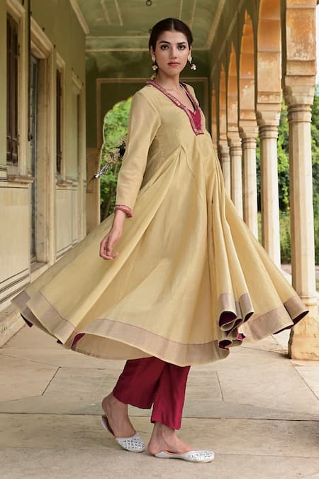 Buy Taro Gold Tissue Zari, Sequins V-neck Zareen Neckline Embroidered Anarkali And Pant Set Online at Aza Fashions Buy_Taro_Gold Tissue Zari, Sequins V-neck Zareen Neckline Embroidered Anarkali And Pant Set_Online_at_Aza_Fashions