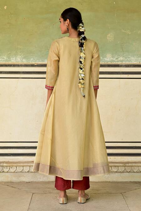 Shop Taro Gold Tissue Embroidery Mandarin Collar Red Anarkali And Pant Set at Aza Fashions Shop_Taro_Gold Tissue Embroidery Mandarin Collar Red Anarkali And Pant Set_at_Aza_Fashions