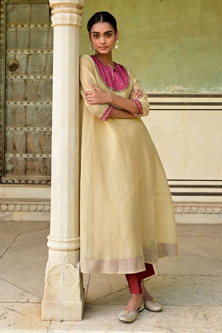 Taro Gold Tissue Embroidery Mandarin Collar Red Anarkali And Pant Set Online at Aza Fashions Taro_Gold Tissue Embroidery Mandarin Collar Red Anarkali And Pant Set_Online_at_Aza_Fashions