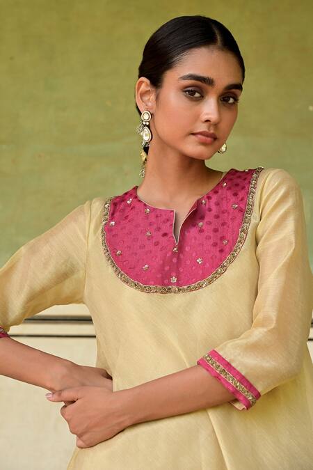 Shop Taro Gold Tissue Embroidery Mandarin Collar Red Anarkali And Pant Set Online at Aza Fashions Shop_Taro_Gold Tissue Embroidery Mandarin Collar Red Anarkali And Pant Set_Online_at_Aza_Fashions