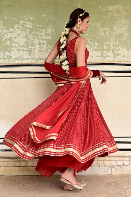 Shop_Taro_Red Chiffon Embroidery Zari Round High Neck Sindhuri Yoke Anarkali Set _at_Aza_Fashions
