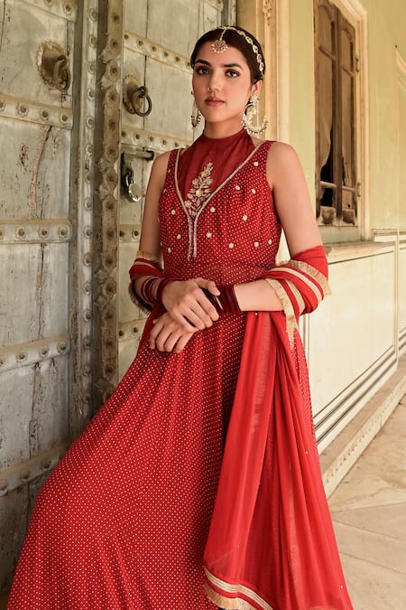 Shop_Taro_Red Chiffon Embroidery Zari Round High Neck Sindhuri Yoke Anarkali Set _Online_at_Aza_Fashions