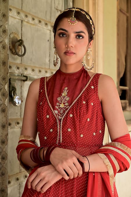 Taro_Red Chiffon Embroidery Zari Round High Neck Sindhuri Yoke Anarkali Set _at_Aza_Fashions