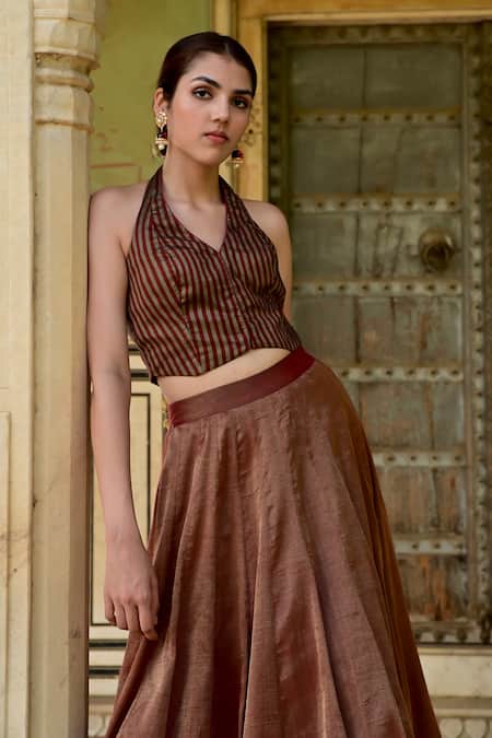 Taro_Brown Tissue Panelled Skirt _at_Aza_Fashions