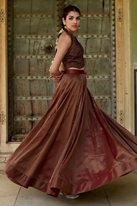 Shop_Taro_Brown Tissue Embroidery Halter Neck Sonjuhi Stripe Woven Crop Top_Online_at_Aza_Fashions