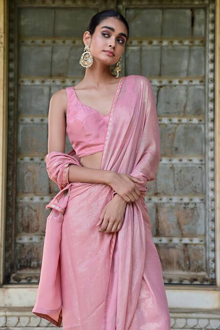 Shop_Taro_Pink Chanderi, Lurex Gulbahar Stripe Woven Saree With Unstitched Blouse Piece_Online_at_Aza_Fashions