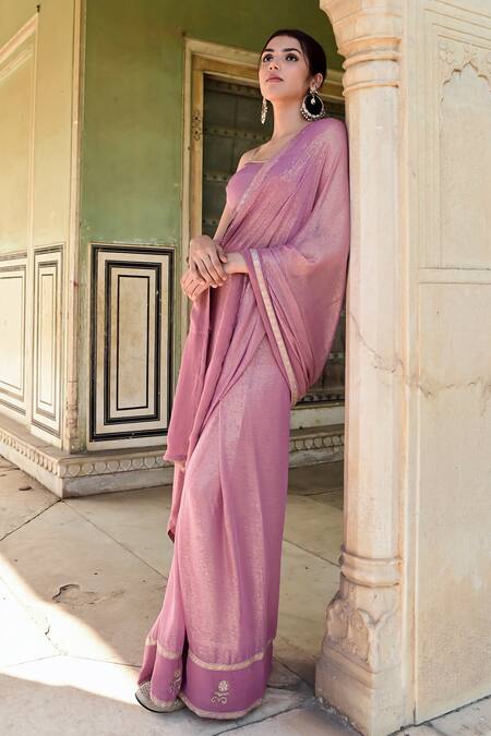 Taro_Purple Chanderi, Lurex Kumudni Stripe Pattern Saree With Unstitched Blouse Piece_Online_at_Aza_Fashions