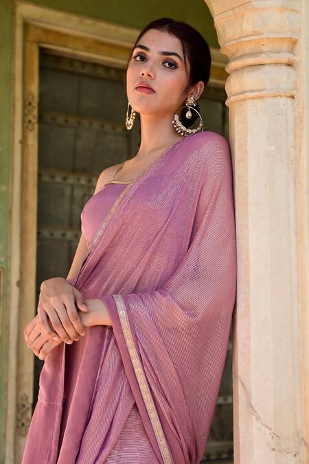 Shop_Taro_Purple Chanderi, Lurex Kumudni Stripe Pattern Saree With Unstitched Blouse Piece_Online_at_Aza_Fashions