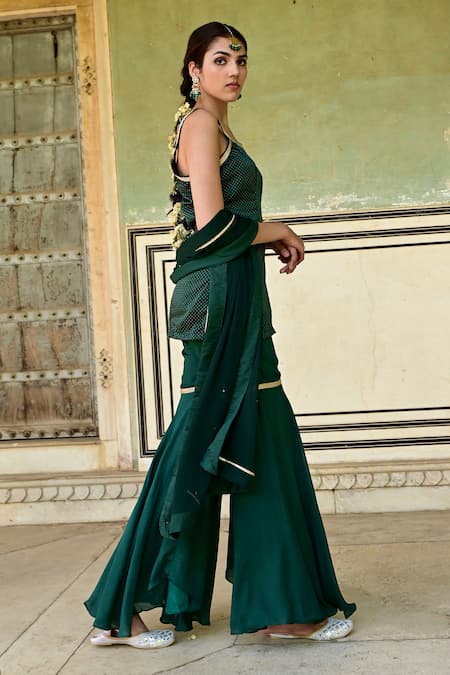 Taro Green Chiffon, Georgette, Satin Lace Heena Dew Drop Woven Kurta Sharara Set Online at Aza Fashions Taro_Green Chiffon, Georgette, Satin Lace Heena Dew Drop Woven Kurta Sharara Set _Online_at_Aza_Fashions