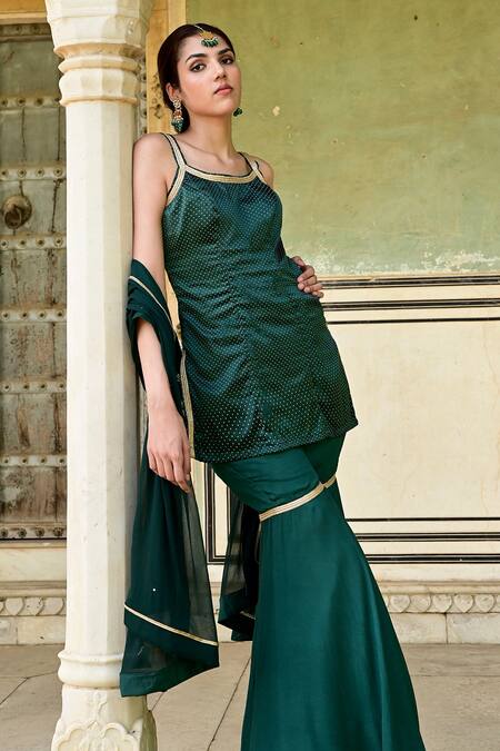 Buy Taro Green Chiffon, Georgette, Satin Lace Heena Dew Drop Woven Kurta Sharara Set Online at Aza Fashions Buy_Taro_Green Chiffon, Georgette, Satin Lace Heena Dew Drop Woven Kurta Sharara Set _Online_at_Aza_Fashions