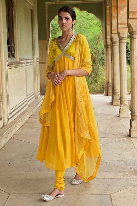 Taro_Yellow Chiffon, Georgette, Satin, Cotton Kaner Yoke Embellished Anarkali Set _Online_at_Aza_Fashions