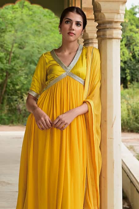 Buy_Taro_Yellow Chiffon, Georgette, Satin, Cotton Kaner Yoke Embellished Anarkali Set _Online_at_Aza_Fashions