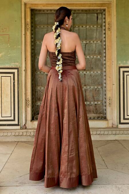Shop Taro Brown Tissue Embroidery Halter Neck Sonjuhi Stripe Woven Crop Top And Skirt Set at Aza Fashions Shop_Taro_Brown Tissue Embroidery Halter Neck Sonjuhi Stripe Woven Crop Top And Skirt Set_at_Aza_Fashions