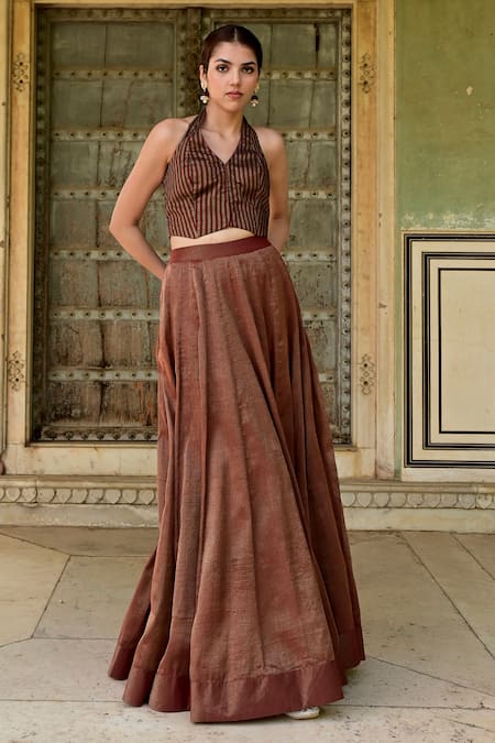Taro Brown Tissue Embroidery Halter Neck Sonjuhi Stripe Woven Crop Top And Skirt Set Online at Aza Fashions Taro_Brown Tissue Embroidery Halter Neck Sonjuhi Stripe Woven Crop Top And Skirt Set_Online_at_Aza_Fashions