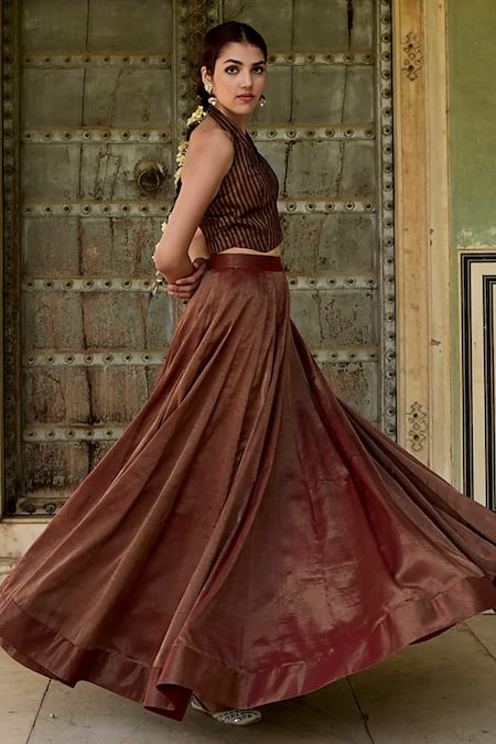 Buy Taro Brown Tissue Embroidery Halter Neck Sonjuhi Stripe Woven Crop Top And Skirt Set Online at Aza Fashions Buy_Taro_Brown Tissue Embroidery Halter Neck Sonjuhi Stripe Woven Crop Top And Skirt Set_Online_at_Aza_Fashions