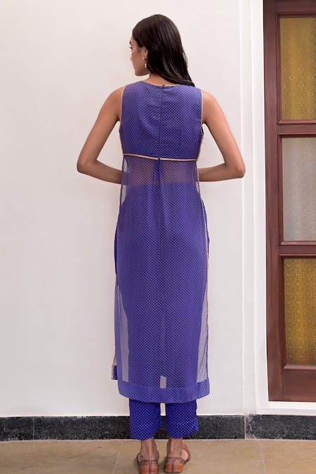 Shop Taro Blue Chiffon Embroidery, Cut Work V-neck Zeenath Printed Kurta Set at Aza Fashions Shop_Taro_Blue Chiffon Embroidery, Cut Work V-neck Zeenath Printed Kurta Set _at_Aza_Fashions