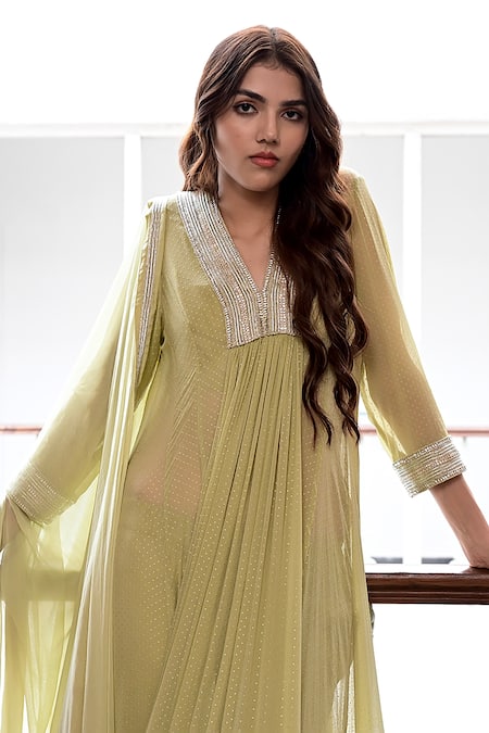 Shop_Taro_Green Chiffon, Chanderi Silk Lace V-neck Inaya Dew Drops Print Anarkali Set _Online_at_Aza_Fashions