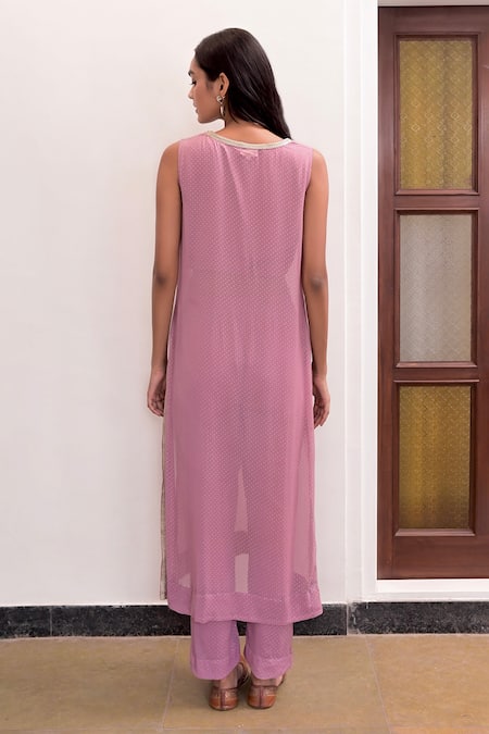 Shop_Taro_Purple Chiffon Printed Dew Drops V Neck Zohra Kurta And Pant Set _at_Aza_Fashions