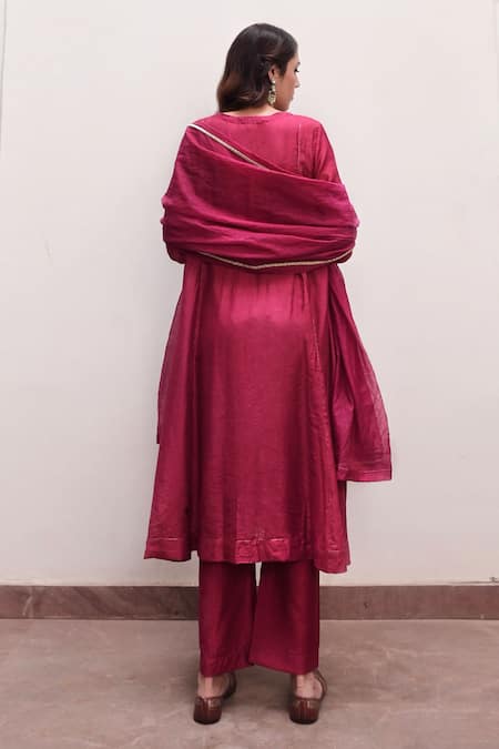 Shop Taro Wine Chanderi Silk Zari Round Neck Aiza A-line Kurta Set at Aza Fashions Shop_Taro_Wine Chanderi Silk Zari Round Neck Aiza A-line Kurta Set _at_Aza_Fashions