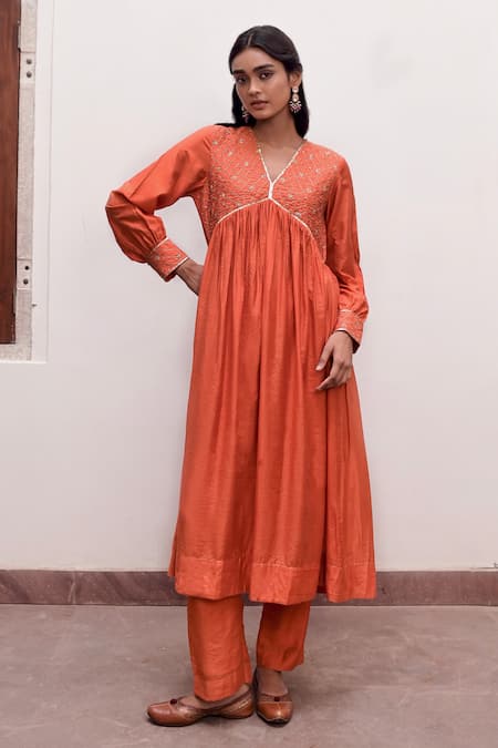 Buy_Taro_Orange Silk, Cut Alizeh Yoke Embroidered A-line Anarkali Set _Online_at_Aza_Fashions
