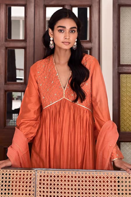 Shop_Taro_Orange Silk, Cut Alizeh Yoke Embroidered A-line Anarkali Set _Online_at_Aza_Fashions