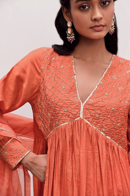 Taro_Orange Silk, Cut Alizeh Yoke Embroidered A-line Anarkali Set _at_Aza_Fashions